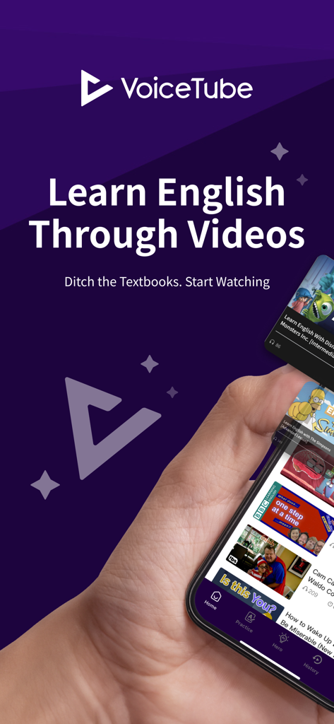 A hand holding a smartphone showing the VoiceTube app interface with video-based English lessons.
