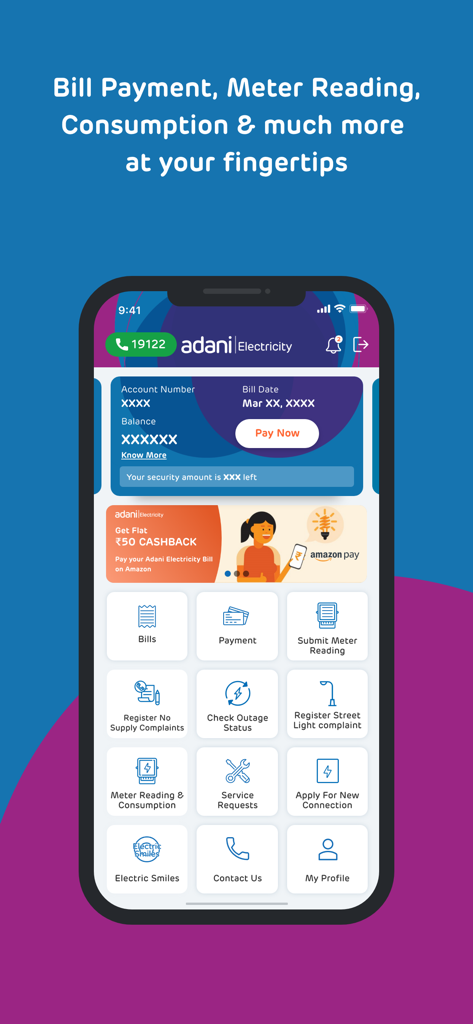 Adani Electricity app dashboard showing bill payment meter reading and customer service options
