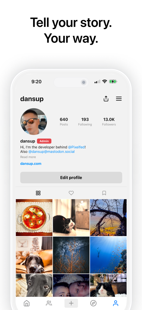 Pixelfedユーザープロフィールのスクリーンショット。写真のグリッドと自己紹介が特徴です。