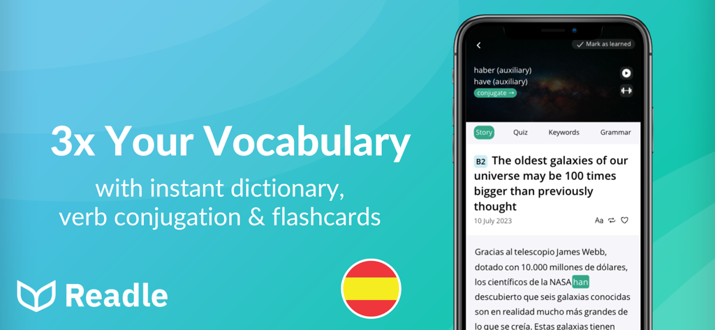 Readleアプリのプロモーションバナー、スペイン語のニュース記事とインスタント辞書、語彙ツールを表示