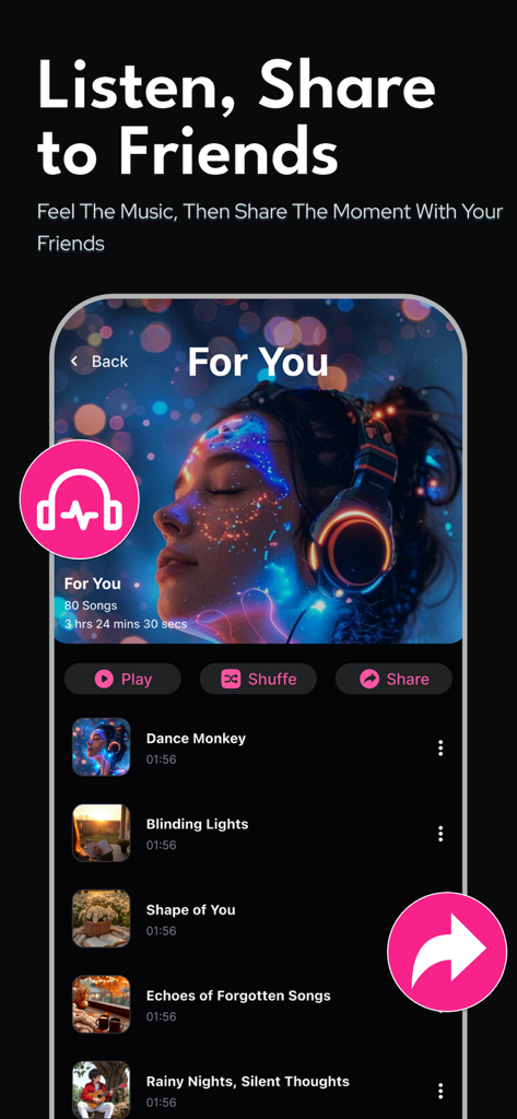 AI music app interface showing a For You playlist with share and play buttons