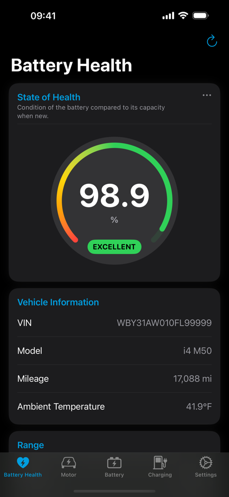 EVScanner app interface showing a 98.9 percent excellent battery health rating for a BMW i4 M50