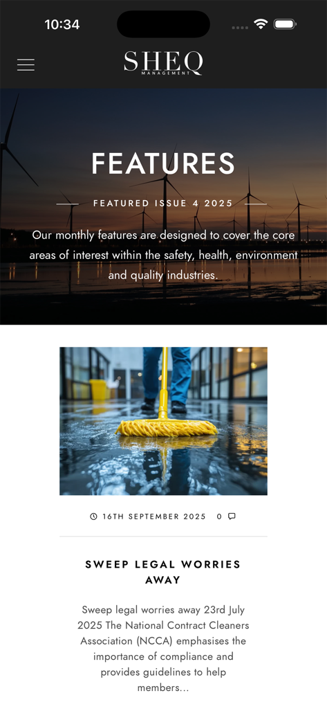 Interface do aplicativo Sheq Mag mostrando artigos em destaque sobre conformidade de segurança e saúde