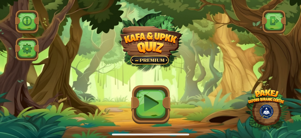 Écran d'accueil de l'application KAFA et UPKK Quiz Premium avec un fond de jungle et un grand bouton de lecture