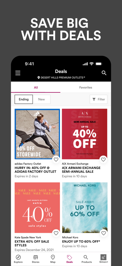 Screenshot der SIMON-App, die verschiedene Angebote und Rabatte für Desert Hills Premium Outlets zeigt.