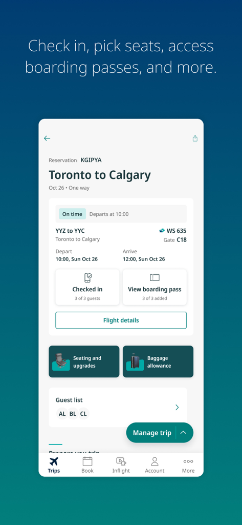WestJet app interface displaying flight itinerary and check-in status