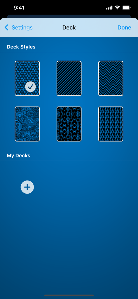 Customizable card back patterns in the King's Corner deck settings screen
