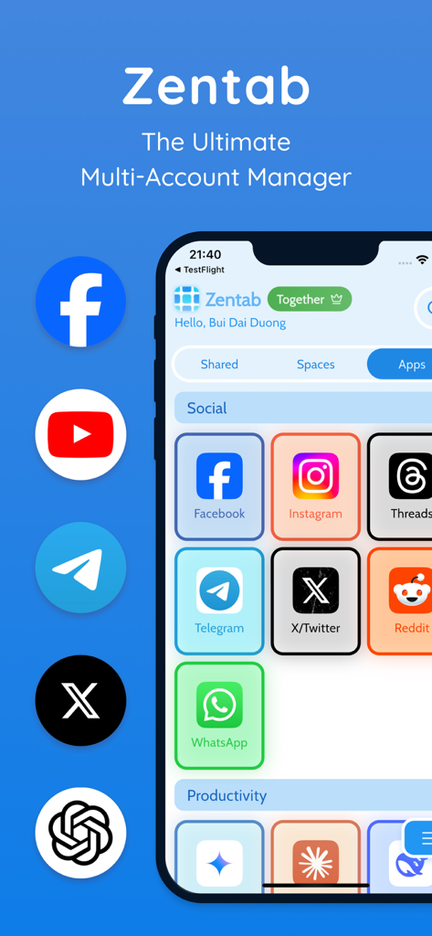 Zentab - Clone App Multi Login - Panel de la aplicación Zentab en un iPhone mostrando varios iconos de redes sociales y productividad para la gestión multi-cuenta