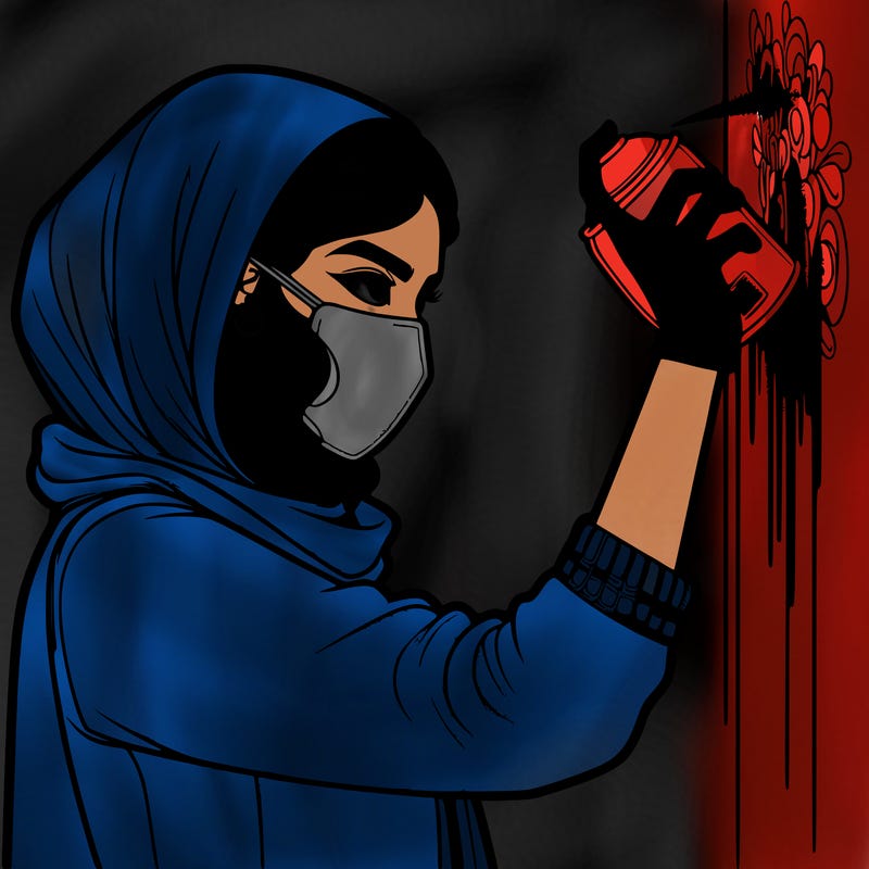 realistic girl with mask spray painting a wall