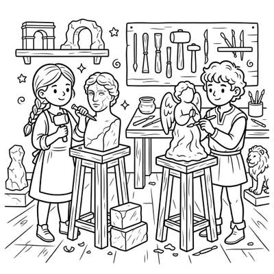 Step into a bustling Renaissance art studio where young sculptors are hard at work bringing masterpieces to life. This charming coloring page invites kids to explore the world of ancient art and unleash their creativity.