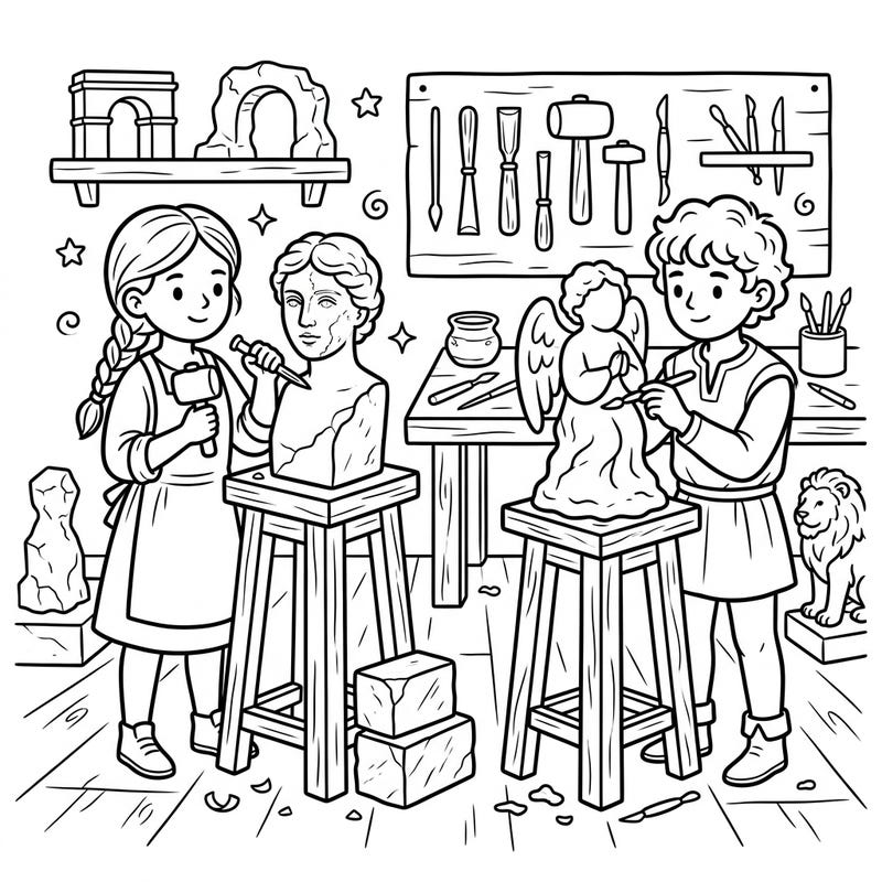 Step into a bustling Renaissance art studio where young sculptors are hard at work bringing masterpieces to life. This charming coloring page invites kids to explore the world of ancient art and unleash their creativity.