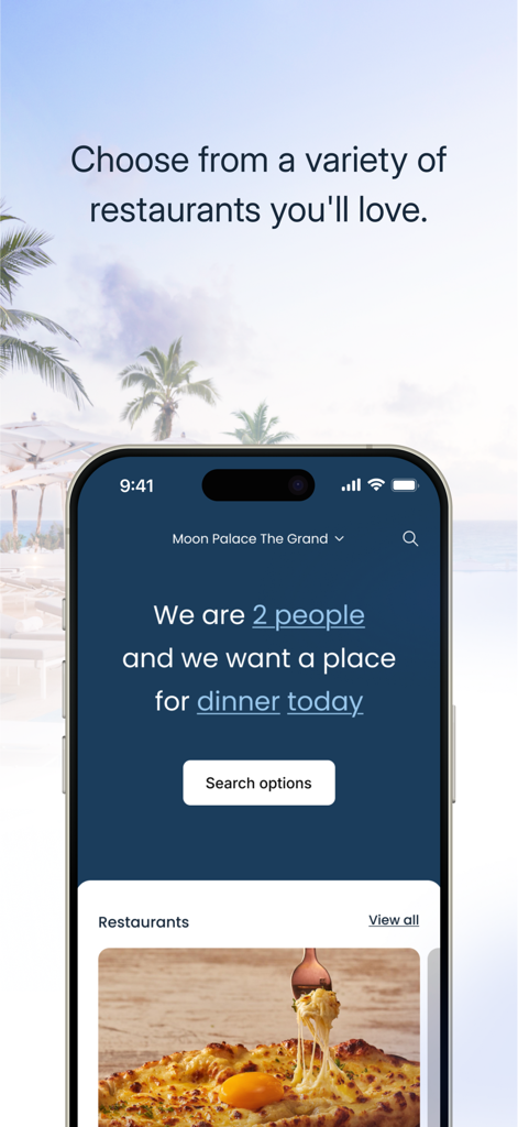 Mobile app interface for searching and booking dinner reservations for two people at Moon Palace The Grand resort.