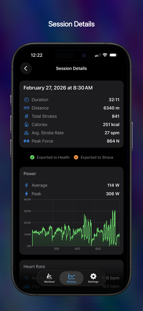 SmartRow Companion - Detailed rowing workout summary with power graph and performance metrics in the SmartRow Companion app.