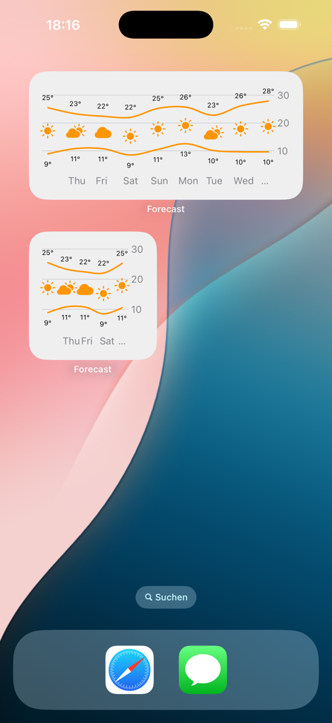 Forecast Weather Graph - iPhone home screen displaying Forecast Weather Graph widgets with 10-day temperature trends.