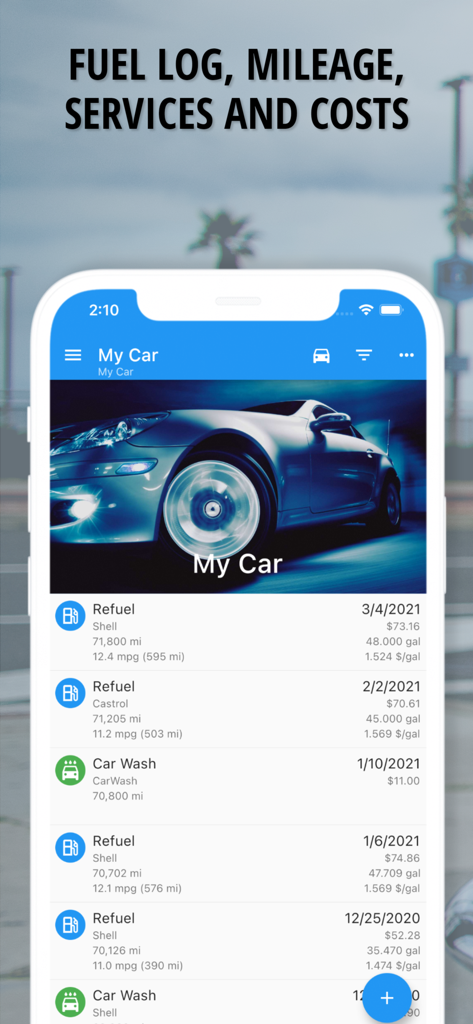 My Car app dashboard displaying a chronological log of fuel purchases and car maintenance services.