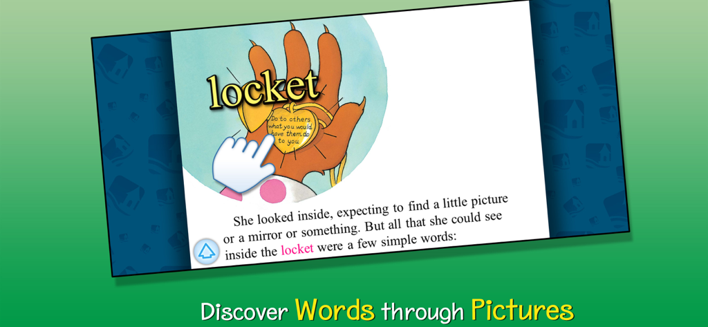 Berenstain Bears - Golden Rule - Una página interactiva de la aplicación de libro de Los Osos Berenstain donde un niño toca un medallón de corazón para ver la palabra y leer la Regla de Oro.