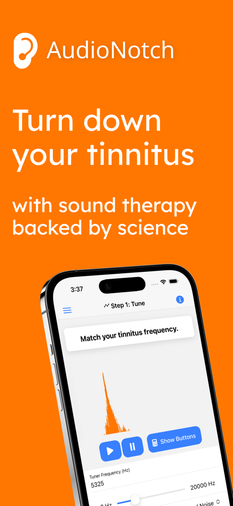 AudioNotch app interface on an iPhone showing the step one tinnitus frequency tuner over an orange background with the slogan turn down your tinnitus