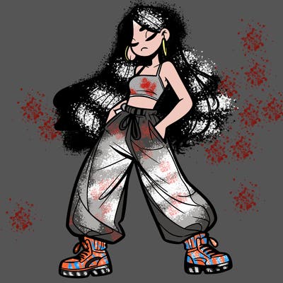 girl in baggy pants crop top and long hair