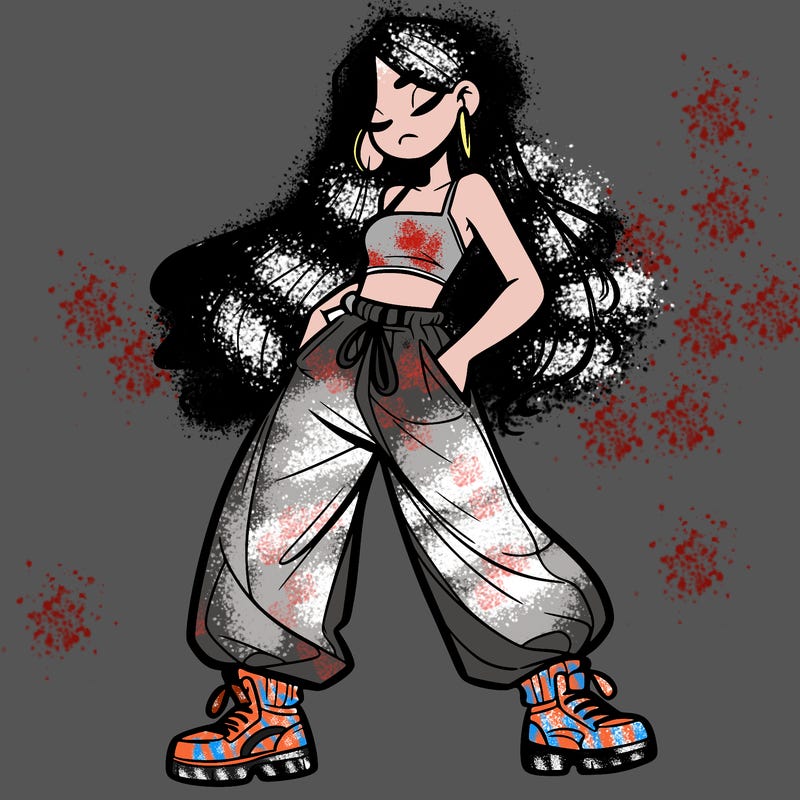 girl in baggy pants crop top and long hair