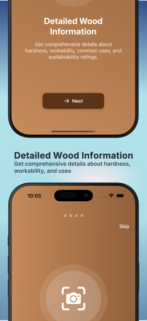 Wood Identifier AI Scanner - Introductory screens of the Wood Identifier AI Scanner app highlighting detailed wood information and the scanning feature