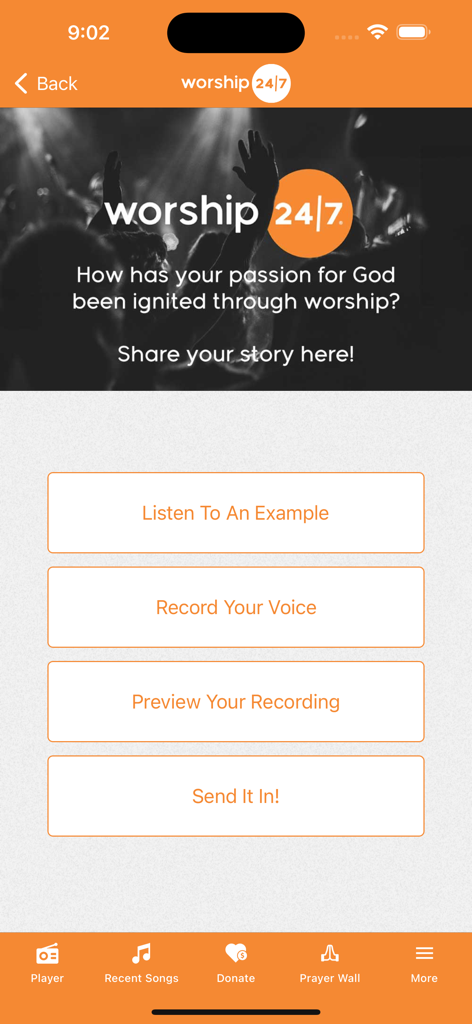 Worship 24/7 - Interface of the Worship 24/7 app where users can record and share their personal stories of faith through voice messages.