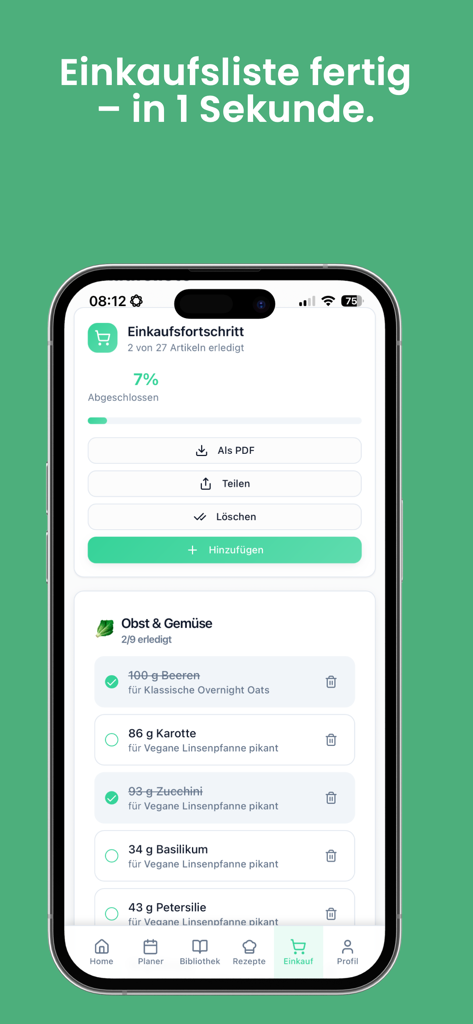 Meal Plan - Dein Essensplaner - Automated grocery shopping list interface in the MealPlan AI app showing ingredient categories and progress tracking.