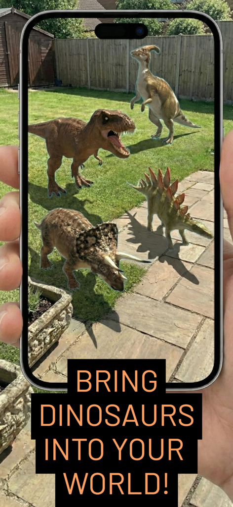 Four realistic 3D dinosaurs including a T-Rex and Triceratops appearing in a residential backyard through an augmented reality camera app