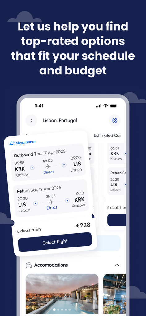 JRNEY - AI Trip Planner - JRNEY app interface showing flight search results for a trip to Lisbon featuring Skyscanner integration and budget planning options.