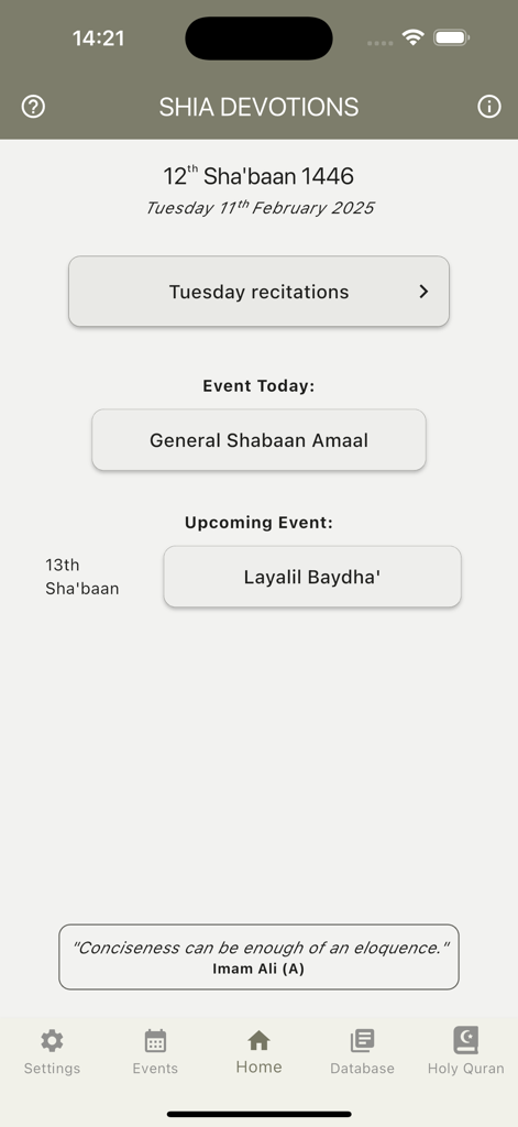 Shia Devotions - Home screen of the Shia Devotions app displaying the Islamic date, daily recitations, and upcoming religious events.