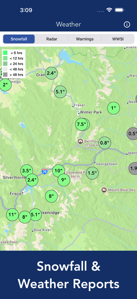 A map screen from the New York Road Conditions app displaying real-time snowfall accumulation reports in inches across a geographic area.