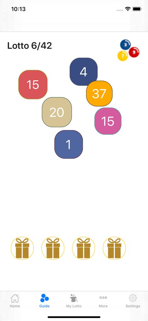 Daily guide screen for Lotto 6-42 in the PCSO eLotto Results app showing colorful numbered bubbles and gift icons