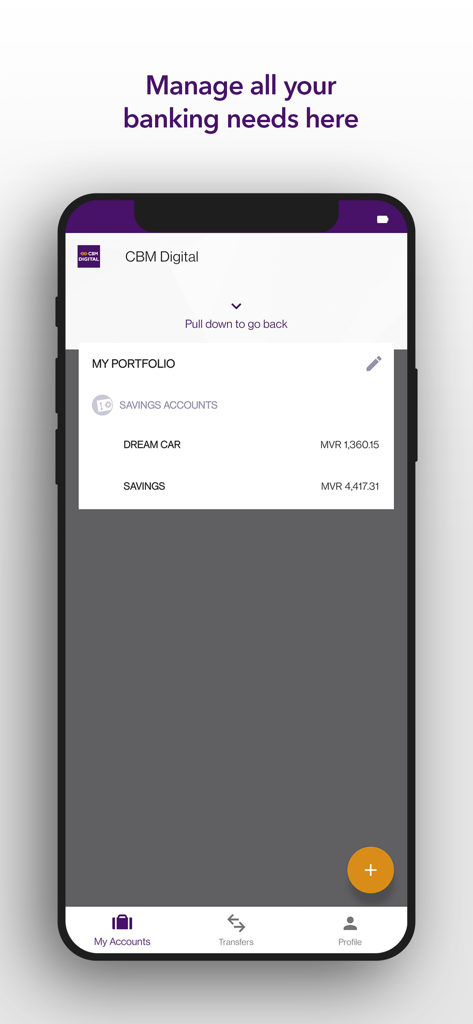 CBM Digital app interface displaying savings accounts and portfolio overview.