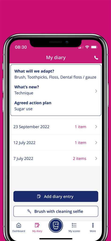 Dental Coach app My Diary screen displaying personalized dental action plans and hygiene history.
