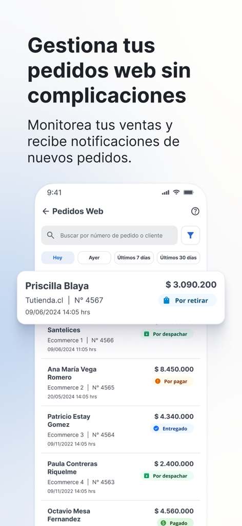 Pantalla móvil mostrando la gestión de pedidos web y el seguimiento de ventas