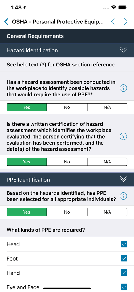 TrueContext - TrueContext mobile app interface showing an OSHA compliance form for personal protective equipment and hazard assessment