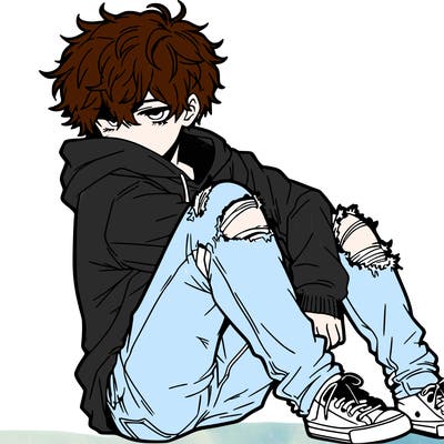 a male hoddie ripped jeans messy hair anime