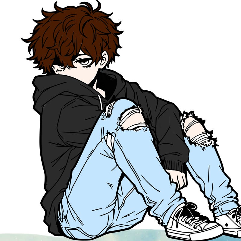 a male hoddie ripped jeans messy hair anime