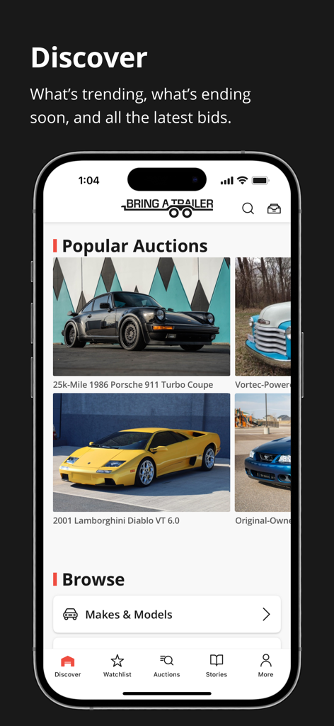 Bring a Trailer mobile app Discover screen showing popular car auctions for a Porsche 911 and Lamborghini Diablo