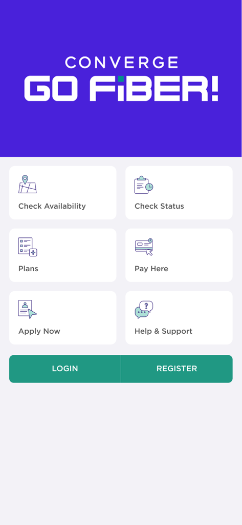Converge GoFiber! - Converge GoFiber app landing page showing service options like check availability plans and pay here