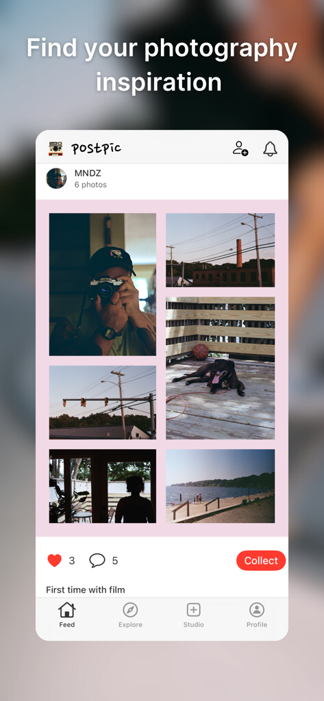 PostPic-Aesthetic Pics Editor - Interface of the PostPic app showing a curated feed of aesthetic film photography and visual journaling.