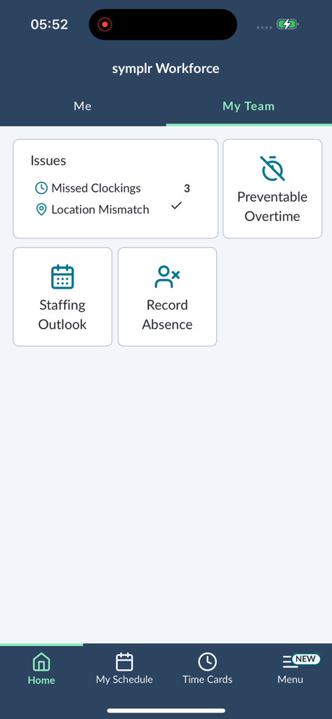 symplr Workforce - Dashboard of symplr Workforce app showing team staffing outlook and attendance issues.