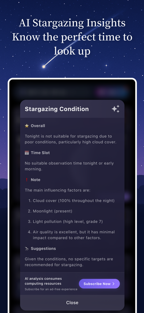Stargazing Hub - Sky Live - Tela do aplicativo Hub de Observação Estelar exibindo insights de IA e condições do céu para observação noturna.