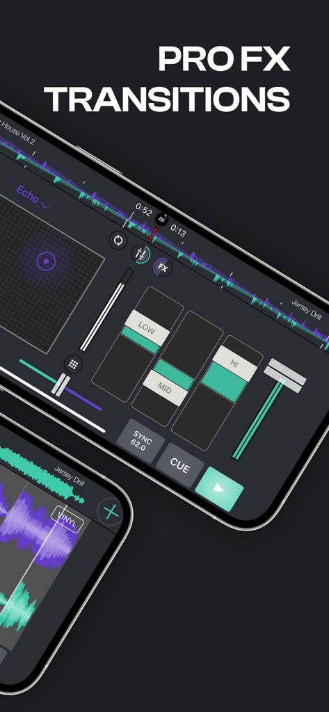 Mobile DJ app interface showing professional FX transitions and EQ controls