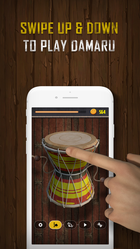 Damaru - Origin Of Music - Uma mão deslizando para cima e para baixo na tela de um smartphone para tocar um tambor Damaru virtual.