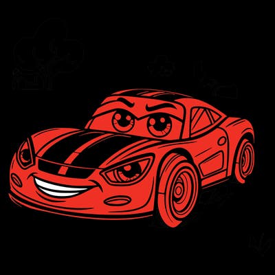 big print fast car with the eyes on and speeding on road in the field with trees