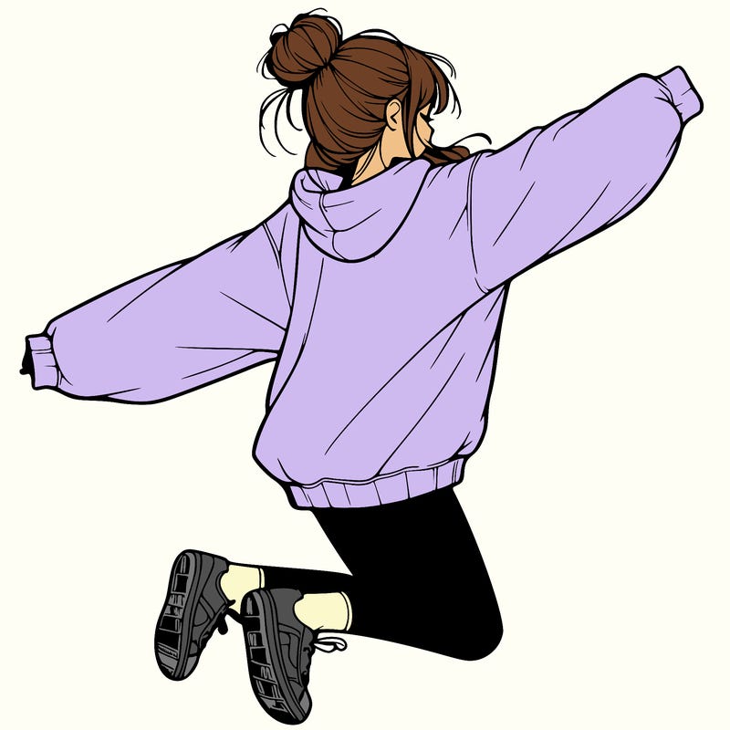realistic girl jumping with a bun and oversized sweatshirt