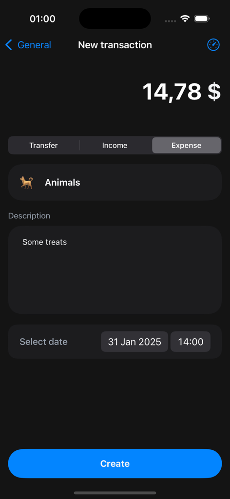 Saro: Money Manager - Interface of Saro Money Manager showing the addition of a new expense for animal treats