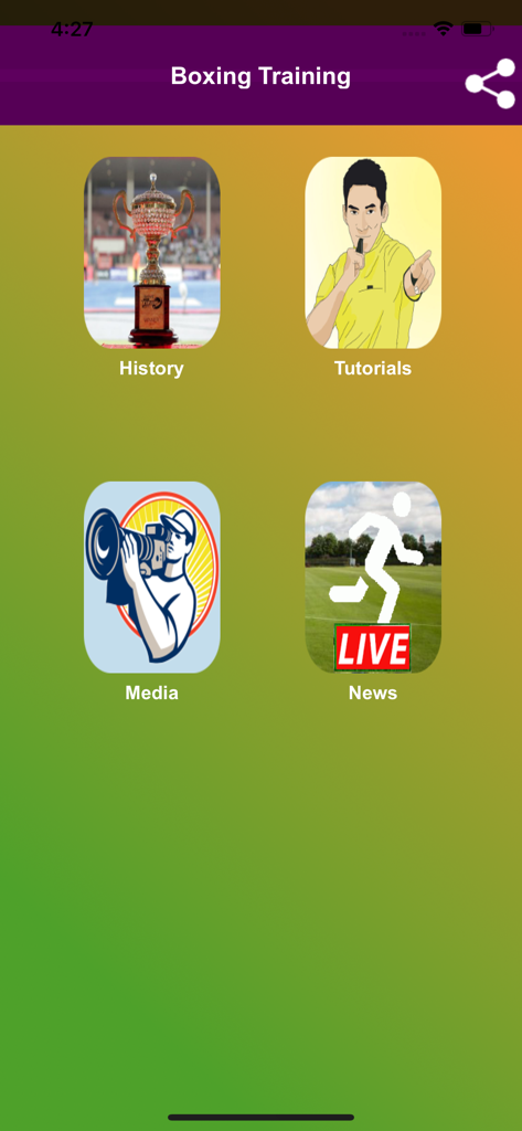 Boxing Tutorials - Main menu of the Boxing Training app featuring sections for History Tutorials Media and News