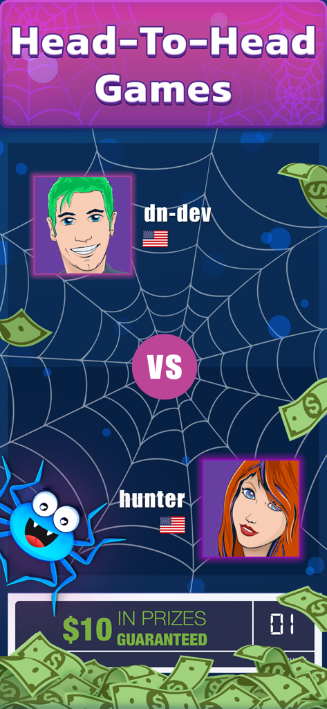 Spider Solitaire: Cash Games - Una interfaz competitiva de partida uno contra uno entre dos jugadores en Spider Solitaire Cash Games con un premio de diez dólares.