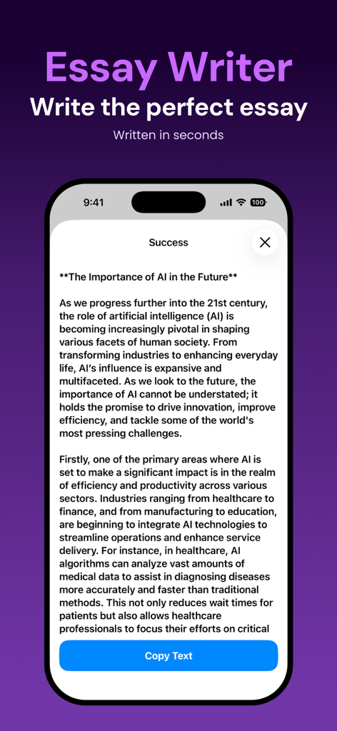 AIライターアプリのインターフェイス。スマートフォンの画面にAIの重要性についての生成されたエッセイが表示されています。